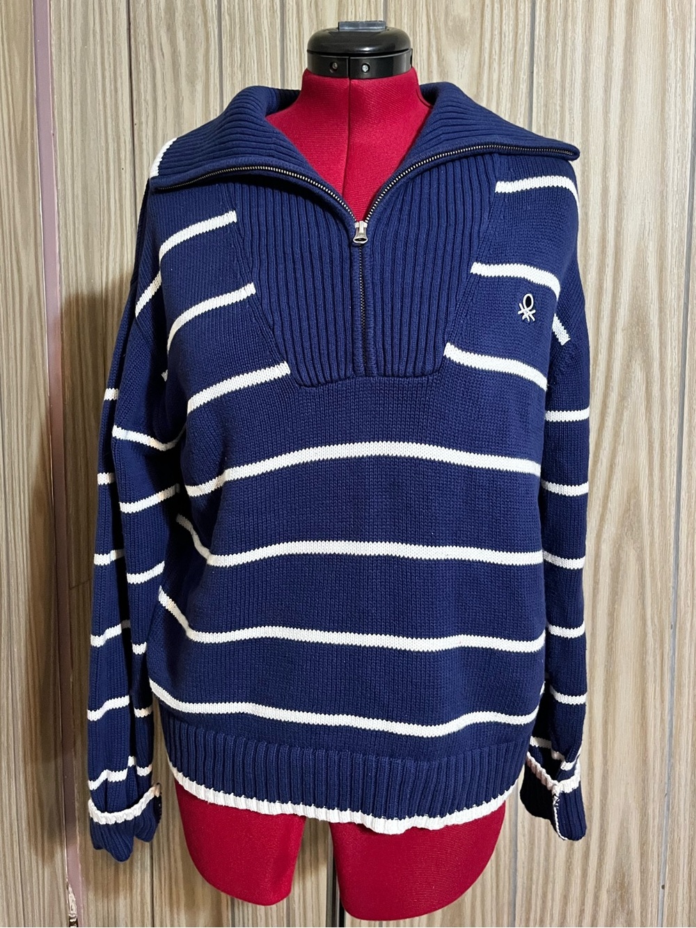United Colors of Benetton Navy Blue Striped 100% Cotton Quarter Zip Sweater M